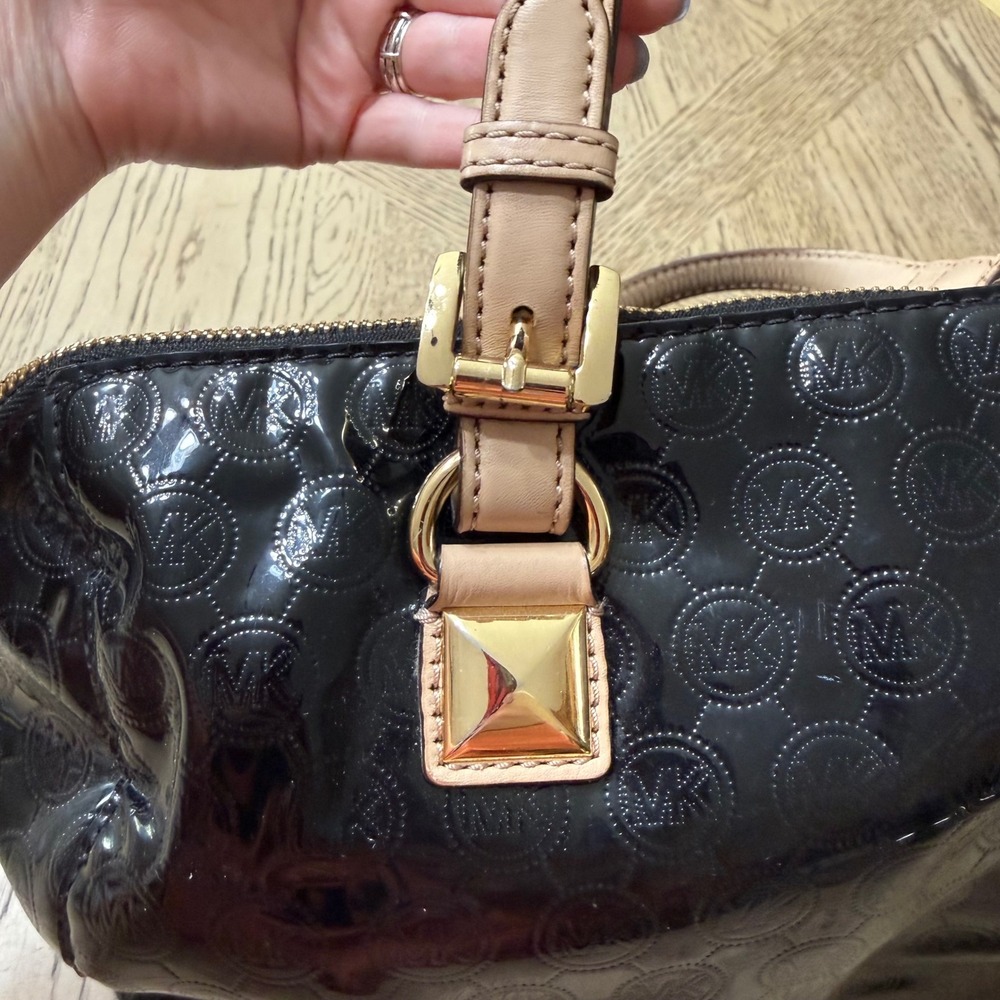 Michael Kors Grayson Black Patent Leather Monogram Satchel Handbag Gold Hardware - Picture 9 of 16